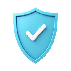 A blue shield with a white check mark  in a rendered illustration style isolated on transparent backgruond