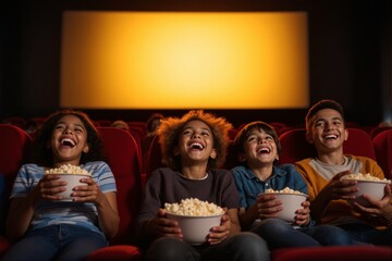 Fototapeta premium Children laughing in cinema while watching movie, realistic style, blurred glowing screen background, concept of shared hobby and joyful experience, Ai generative