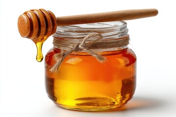 A transparent glass jar filled with golden honey and a dipper, isolated on white for organic product display