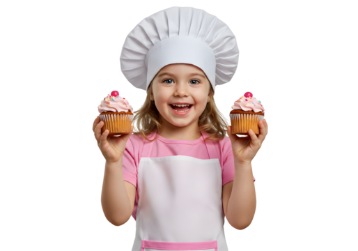 Girl Holding Cupcakes Wearing Chef Hat with Smile on Transparent Background - Powered by Adobe