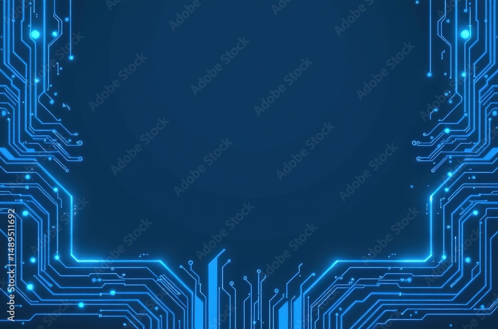 Poster blue digital circuit board pattern with glowing lines and nodes on a dark background, symbolizing te