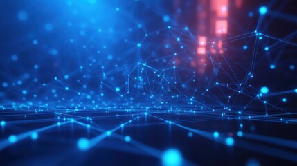 Fototapeta premium Abstract digital network with glowing blue interconnected nodes and lines against a dark background with soft floating light particles evoking technology and connectivity