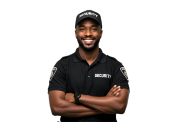 Smiling Security Guard with Arms Crossed on Transparent Background