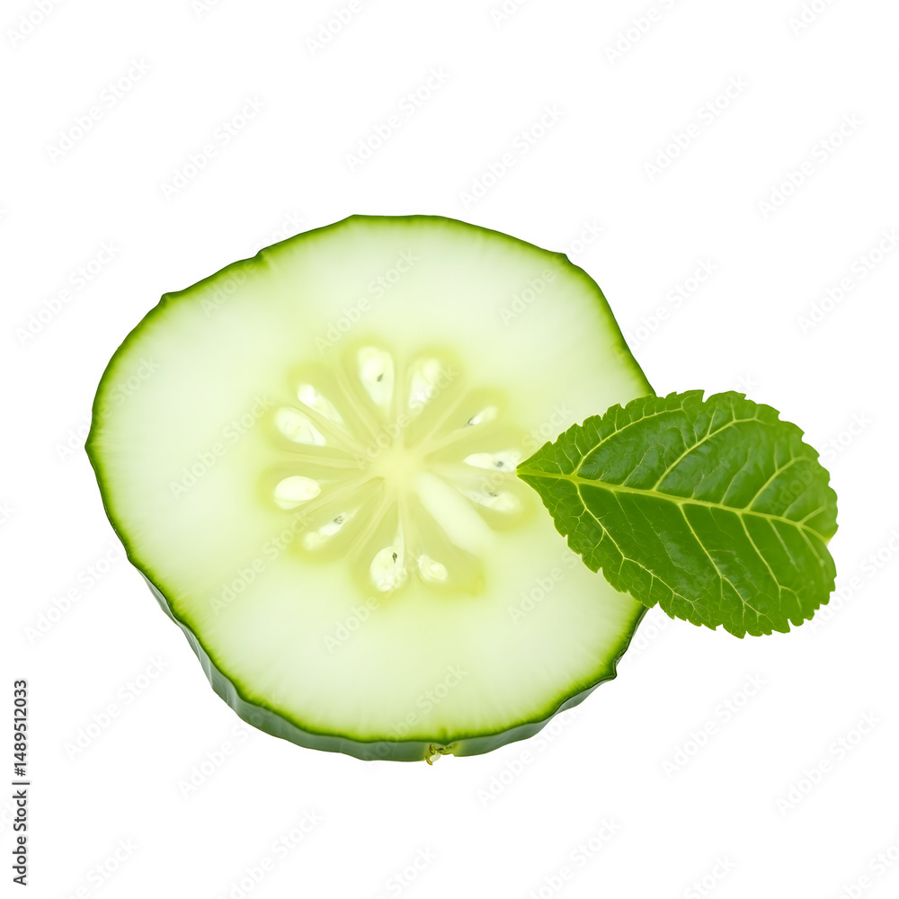 Poster refreshing close-up of a freshly cut cucumber slice with a delicate leaf accentuating its natural be