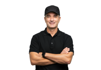 Smiling Man Wearing Cap with Arms Crossed on Transparent Background