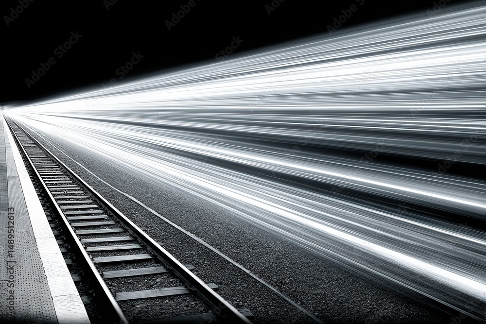 Poster long-exposure photo of a train track with dynamic white light trails creating a sense of speed and m
