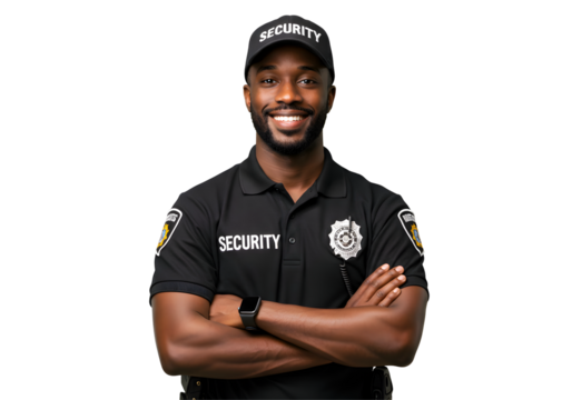 Smiling Security Officer with Arms Crossed on Transparent Background