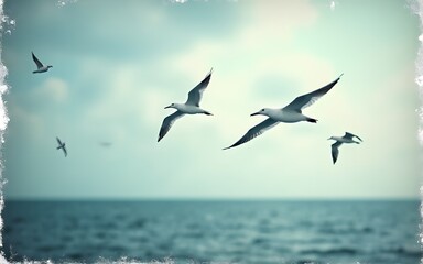 Obraz premium Grunge image of birds flying over the sea on a serene sky. High quality