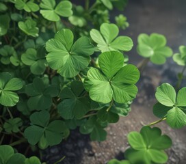 Vibrant green four-leaf clover, close-up detail, shamrock, flora