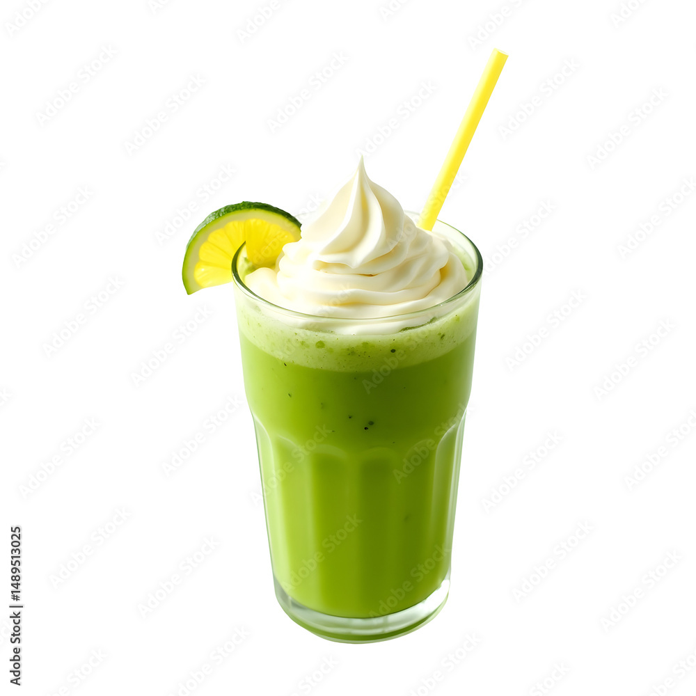 Poster refreshing green smoothie with lime garnish and a generous dollop of cream, creating a visually appe
