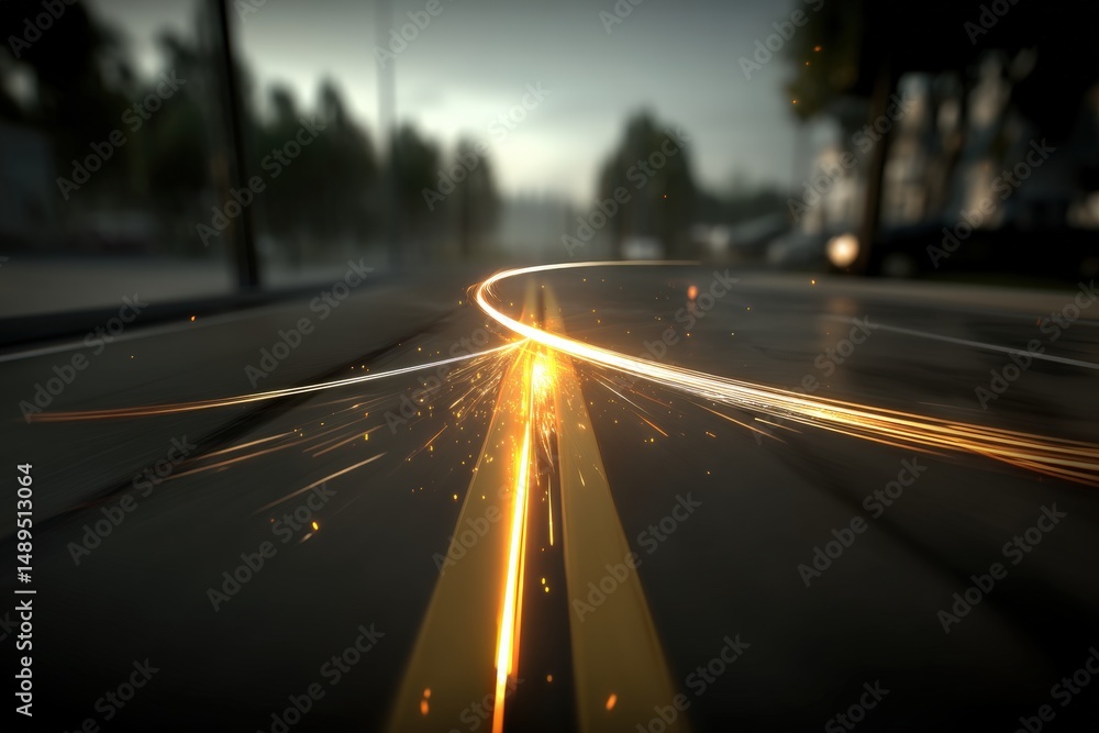 Poster a glowing, fiery line with sparks runs along a road, creating a dynamic, futuristic effect against a