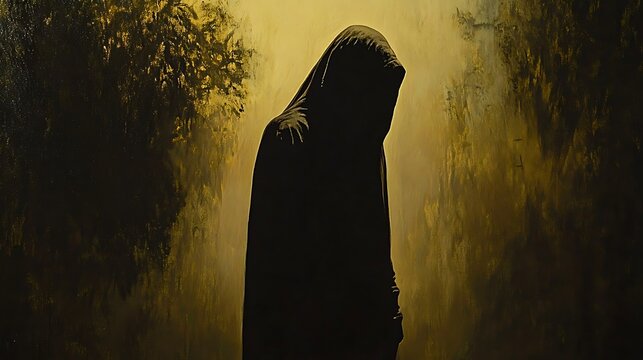 Mysterious hooded figure standing amidst a dark forest, evocative of mystery and intrigue, perfect for gothic art and fantasy themes.