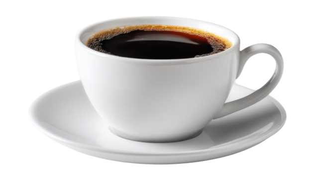 Coffee in Cup: A close-up shot of a pristine white coffee cup filled to the brim with rich, aromatic black coffee, resting elegantly on its matching saucer. the perfect start to a day.