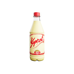 Creamy Yellow Drink in Plastic Bottle with Red Cap and Brand Label