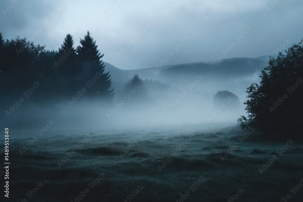 Poster serene misty landscape at dawn with silhouetted trees and soft fog rolling over the ground in a calm