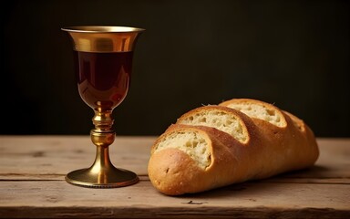 The Last Supper: chalice of wine and a loaf of bread on a wooden table. High quality