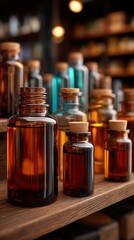 Elegant amber glass bottles with cork stoppers arranged on wooden shelf in apothecary shop with warm lighting and blurred background of essential oils or fragrance collection