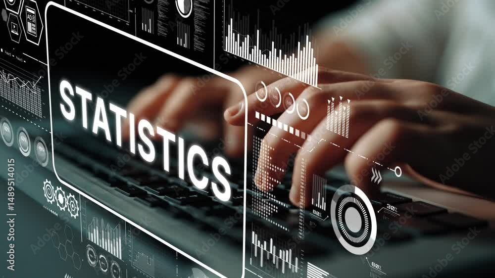 Poster hands typing on keyboard with digital statistics graphics overlay for business and technology concep
