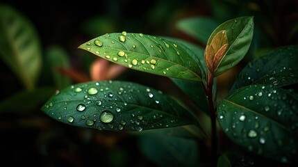 Serene close-up of vibrant green leaves with glistening water droplets after rainfall in lush garden setting, natural beauty of plant life with dark atmospheric background, environmental photography