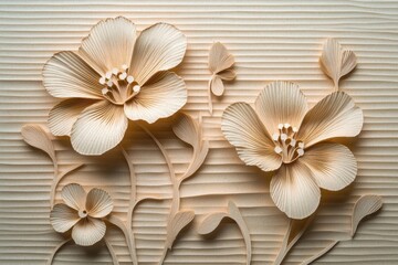delicate beige paper flowers with detailed petals and leaves arranged on a textured striped background, showcasing intricate craftsmanship and subtle shadows