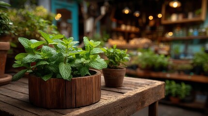 Fresh mint plant growing in wooden container at cozy herb shop with rustic wooden display and warm ambient lighting