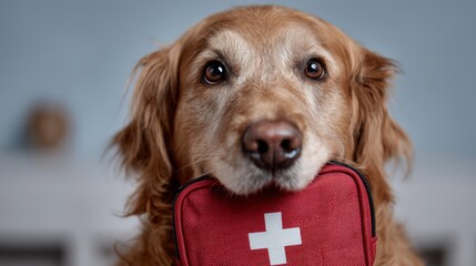 A golden retriever dog holding a first aid kit in its mouth, symbolizing safety and care for pets.