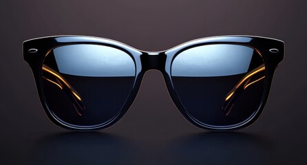 Close-up of black stylish sunglasses with reflective dark lenses on a dark background showing light reflections and highlights