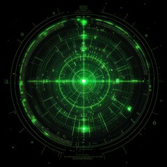 Glowing green circular digital interface with concentric rings and radial lines on black background, futuristic and high-tech design