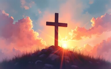 Obraz premium Easter Morning: The Cross silhouetted against the dawn sky, representing the sacrifice. Digital watercolor painting. High quality