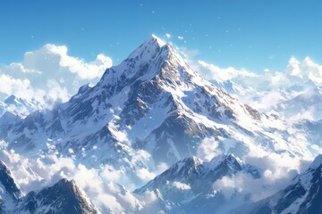 Majestic snow-capped mountain peak piercing the sky, surrounded by a vast range of clouds and other snow-covered mountains