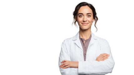 Professional Confidence: A portrait of a confident professional, donning a lab coat with arms crossed, emanating assurance and expertise. The embodiment of knowledge and dedication.