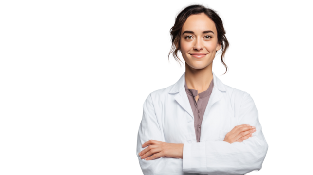 Professional Confidence: A portrait of a confident professional, donning a lab coat with arms crossed, emanating assurance and expertise. The embodiment of knowledge and dedication.