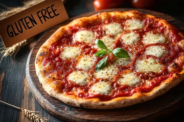 Gluten free pizza with melted cheese, tomato sauce, fresh basil, and pepper on a wooden board with a gluten free sign and wheat stalks on a dark wooden table