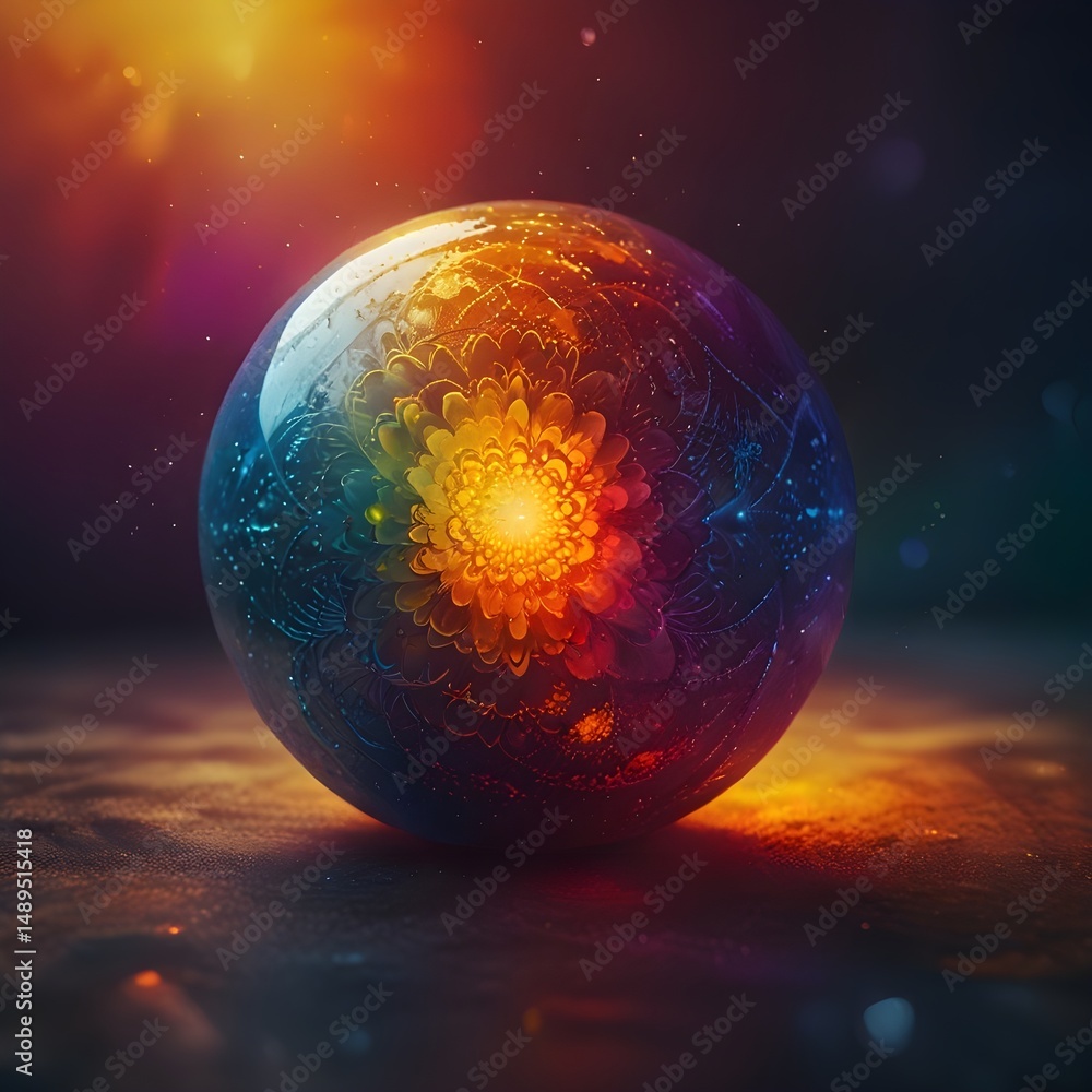 Wall mural a luminous sphere with intricate patterns radiates a vibrant glow, casting colorful reflections arou