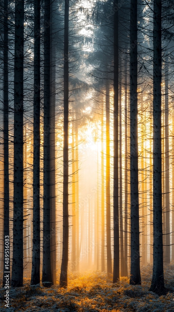 Aufkleber sunlight filtering through a serene forest of tall trees.