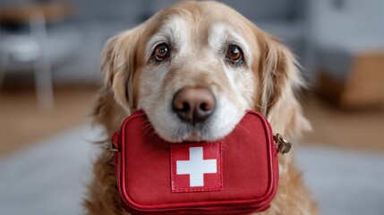 A golden retriever dog holding a red first aid kit in its mouth, symbolizing veterinary care and safety for pets.