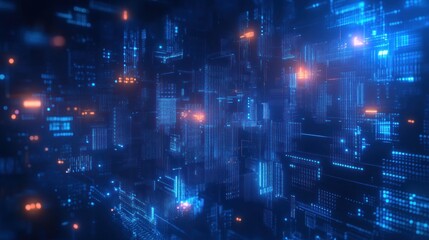 Abstract digital cityscape composed of glowing blue and orange data blocks and lines representing technology and futuristic cyberspace