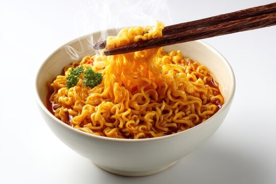 A bowl of instant noodles with chopsticks, isolated on white background for fast meal or student lifestyle