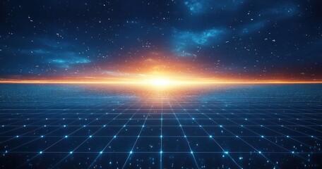 Digital futuristic grid plane extending to a bright glowing horizon under a starry night sky, evoking a sense of infinite space and technological wonder