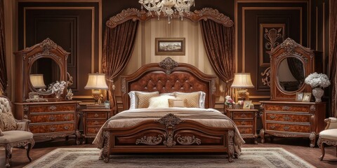 Opulent Master Bedroom Suite:  Exquisite Carved Wooden Furniture and Luxurious Decor
