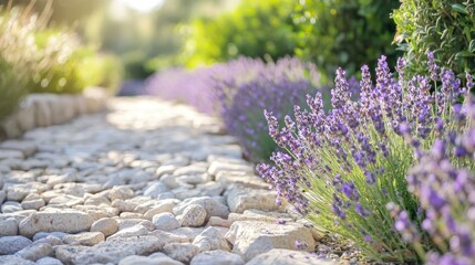 Obraz premium Lavender field with stone pathway serene garden landscape scene