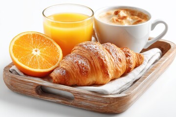 A breakfast tray with croissant, orange juice, and coffee cup, isolated on white for hotel service concept