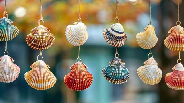 Colorful seashells hanging on strings create decorative charms in coastal setting, Colorful seashells hanging on strings, forming decorative ornament