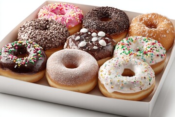 A tray of assorted donuts with different toppings, isolated on clean white background for bakery promotion