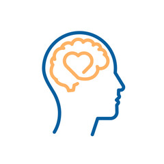 Mental health with compassion icon. Vector thin line illustration with editable stroke showing emotional intelligence, empathy and psychological balance. Head with brain and heart