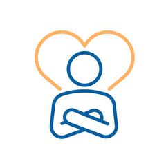 Self love icon. Vector thin line illustration with editable stroke representing self care, emotional acceptance, confidence and inner peace. Person hugging themselves with heart