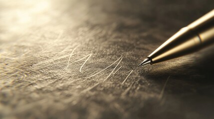 Metallic pen tip writing lines on textured surface with selective focus