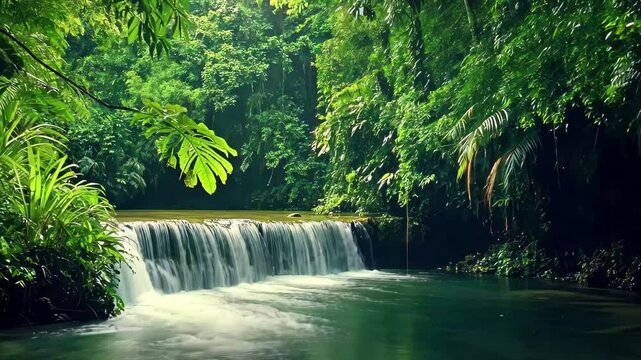 Lush rainforest river with cascading waterfall creating a serene jungle atmosphere, forest jungle rainforest river video background ing scenery live wallpaper quality