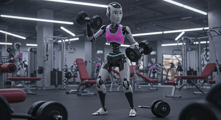 Humanoid robot working out with weights in a modern gym. Futuristic fitness, AI training, and technology concept.