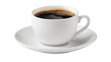 Obraz premium Aromatic Black Coffee: A steaming cup of freshly brewed black coffee in a classic white ceramic mug with a matching saucer.